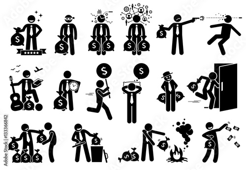 Businessman and money management. The business person is making profit with intelligent and idea. He also kills and steal for wealth. He is too rich and giveaway, throw away, and burn his money.