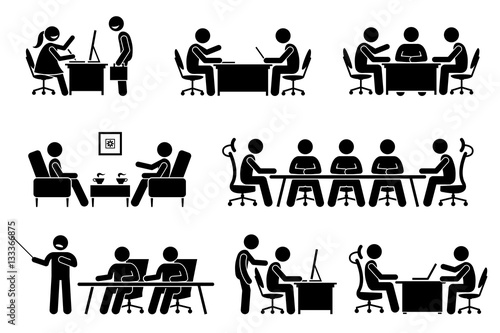 Businessman business meeting, conference, and discussion. The meet up are business proposal, brainstorming, annual general meeting, and presentation. They are marketeer, director, and entrepreneur.  