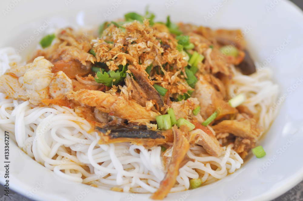 Thai noodle or northern Thai noodle with fish and vegetable Thai noodle or northern Thai noodle with fish and vegetable