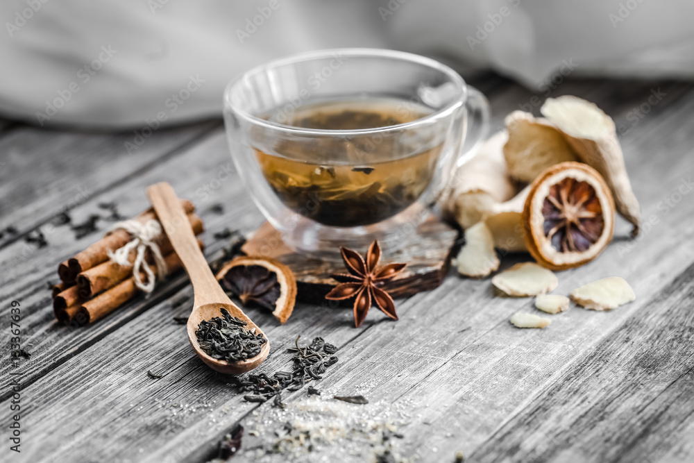 still life with transparent Cup of tea on wooden background still life with transparent Cup of tea on wooden background