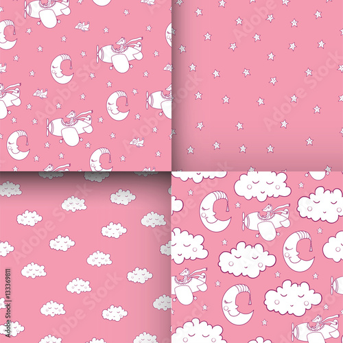 Set of awesome seamless patterm with cartoon crescent, stars, cl