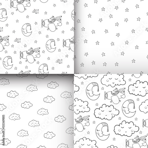 Set of awesome seamless patterm with cartoon crescent, stars, cl