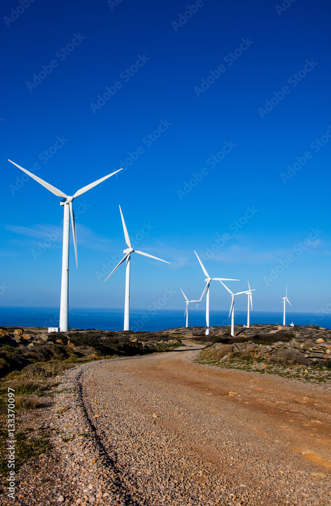 Wind turbines at a wind farm, Crete, Greece Wind turbines at a wind farm, Crete, Greece