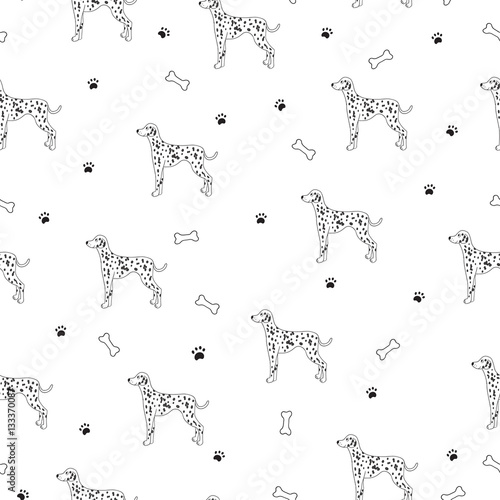 Awesome seamless pattern with cute dog. Breed dalmatian.