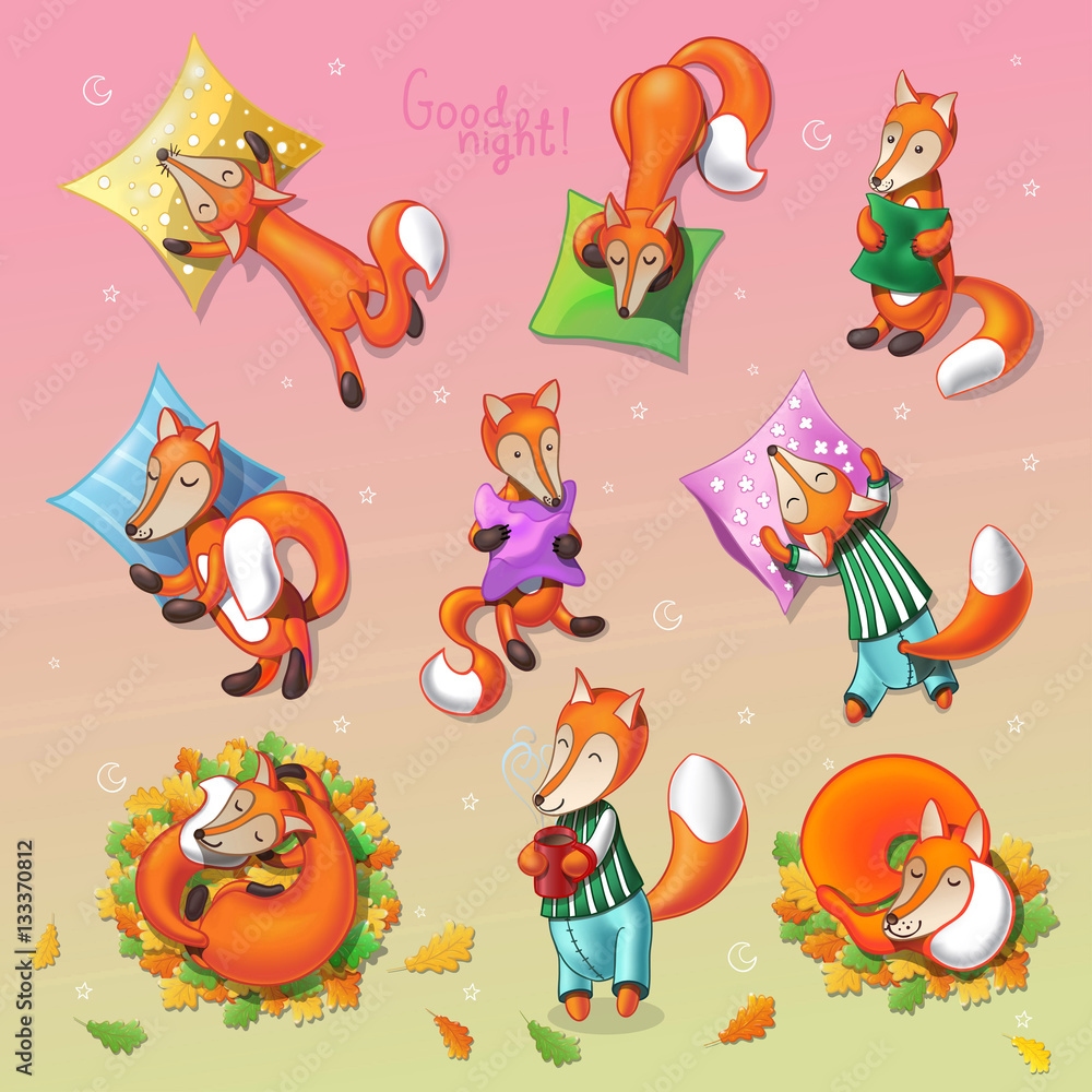 Awesome set with cute cartoon sleeping foxes Awesome set with cute cartoon sleeping foxes