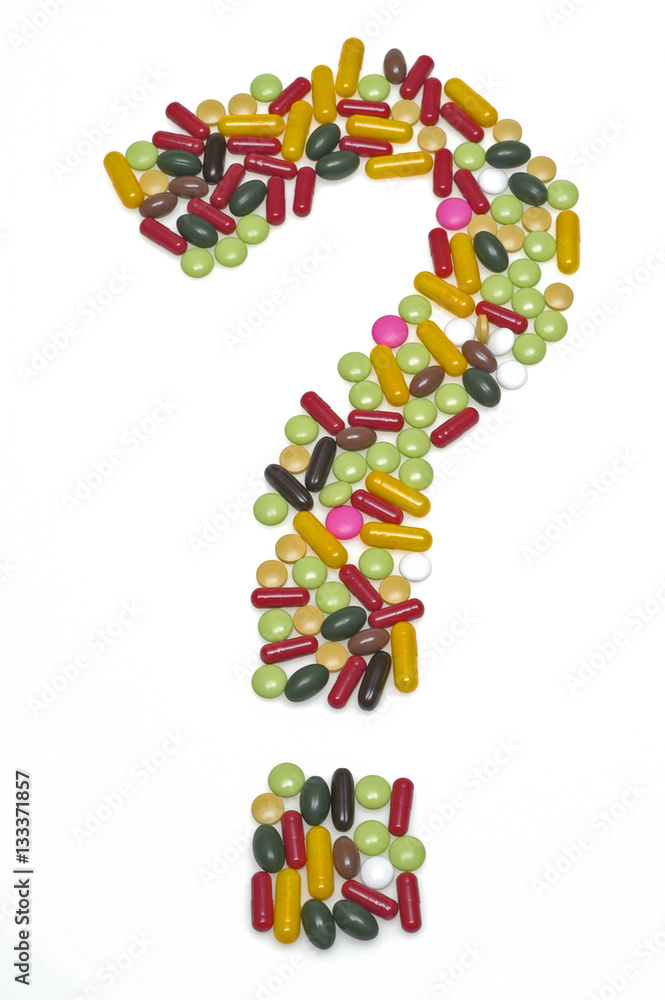 Pills, question, symbol, symbol for the questionable future of m