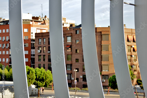 Detail of Arganzuela Footbridge with buildings in background, Ma