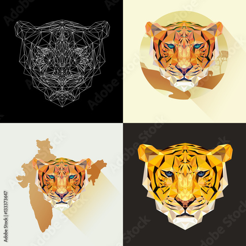 Dangerous mammal animal. Vector set tigers in polygonal style. Predatory animal. Tiger face for tattoo, wallpaper, poster and printing on t-shirts. Tigers low poly image. Abstract cat mammal.