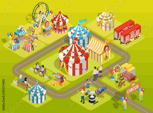 Travel Circus Fairground Isometric Layout Poster