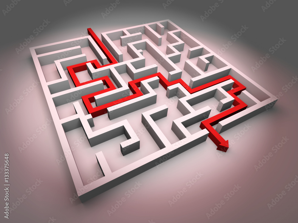 white maze structure with red arrow showing the path through the maze white maze structure with red arrow showing the path through the maze
