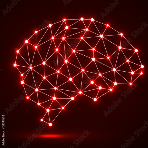 Abstract polygonal brain with glowing dots and lines, network connections