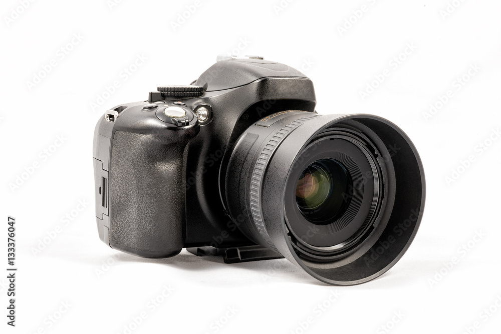 Black unbranded DSLR camera isolated on white background