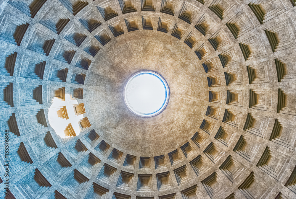 View inside the Pantheon's dome in Rome, Italy
