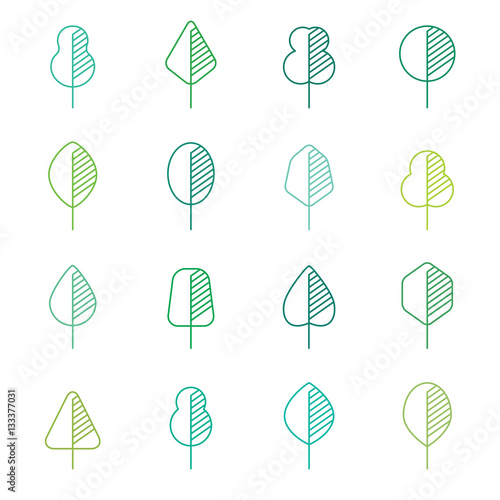Set of different kinds of forest trees geometric linear icons
