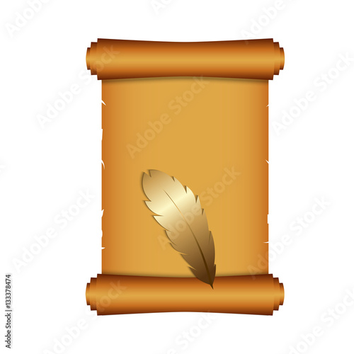 Ancient Chinese scroll illustration with gold feather. Old parchment paper. Vector illustration