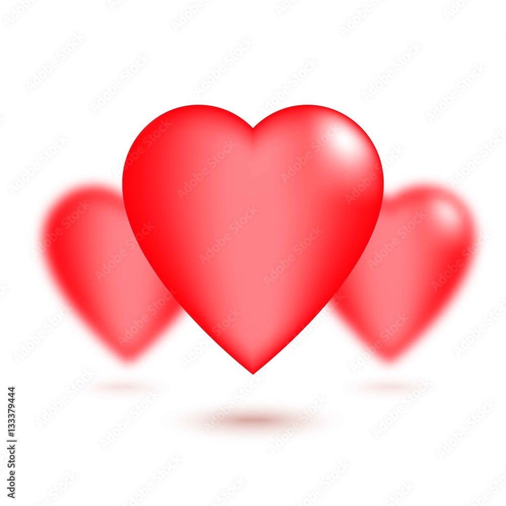 Red hearts with defocused effect, on white background. Can be used for Saint Valentine's Day design. Vector illustration.