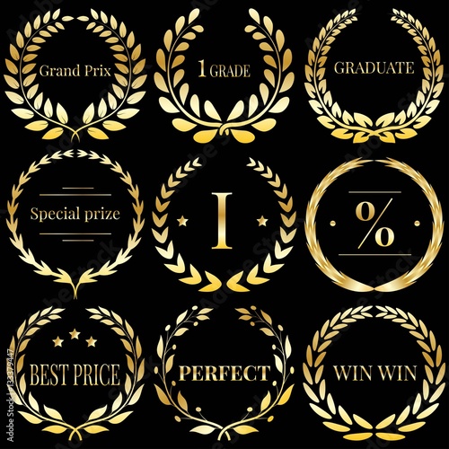 Set of golden award laurel wreaths, isolated on black background. Vector illustration.
