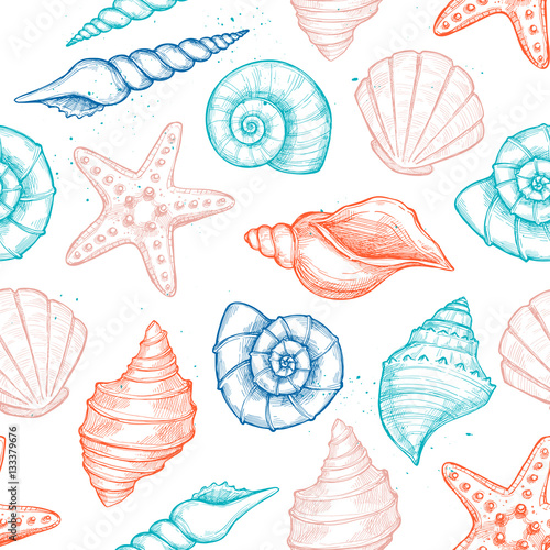Hand drawn vector illustrations - seamless pattern of seashells.  Marine background. Perfect for invitations, greeting cards, posters, prints, banners, flyers etc © Kate Macate