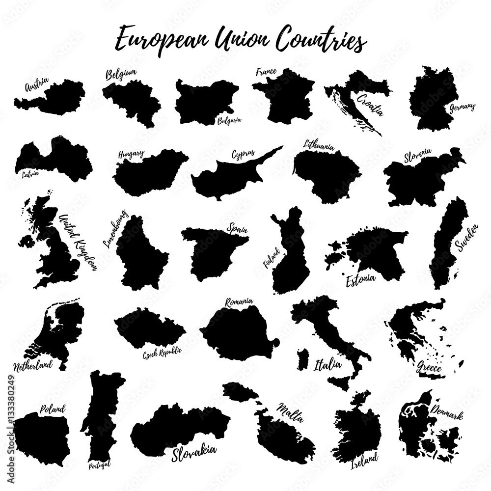 Large set of the European Union. Silhouettes of the countries of the European Union.Vector.
