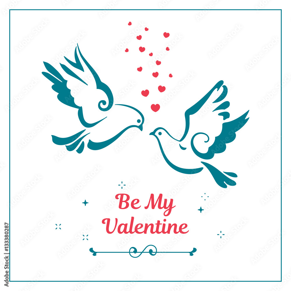 Doves with hearts isolated on white background. Text Be My Valentine. Vector illustration Doves with hearts isolated on white background. Text Be My Valentine. Vector illustration