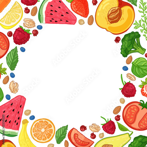Template design booklet with the decor of the fruit. Circle pattern of natural foods  fruits  vegetables and berries. Frame with decor vegetarian food for poster  banner. Vector.