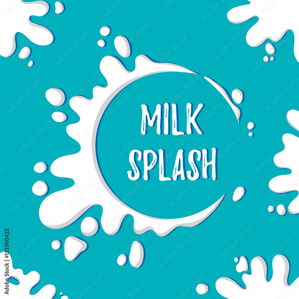 Hand drawn vector illustration - Milk label for your design. White splashes on blue background. Perfect for packaging, design, logo etc