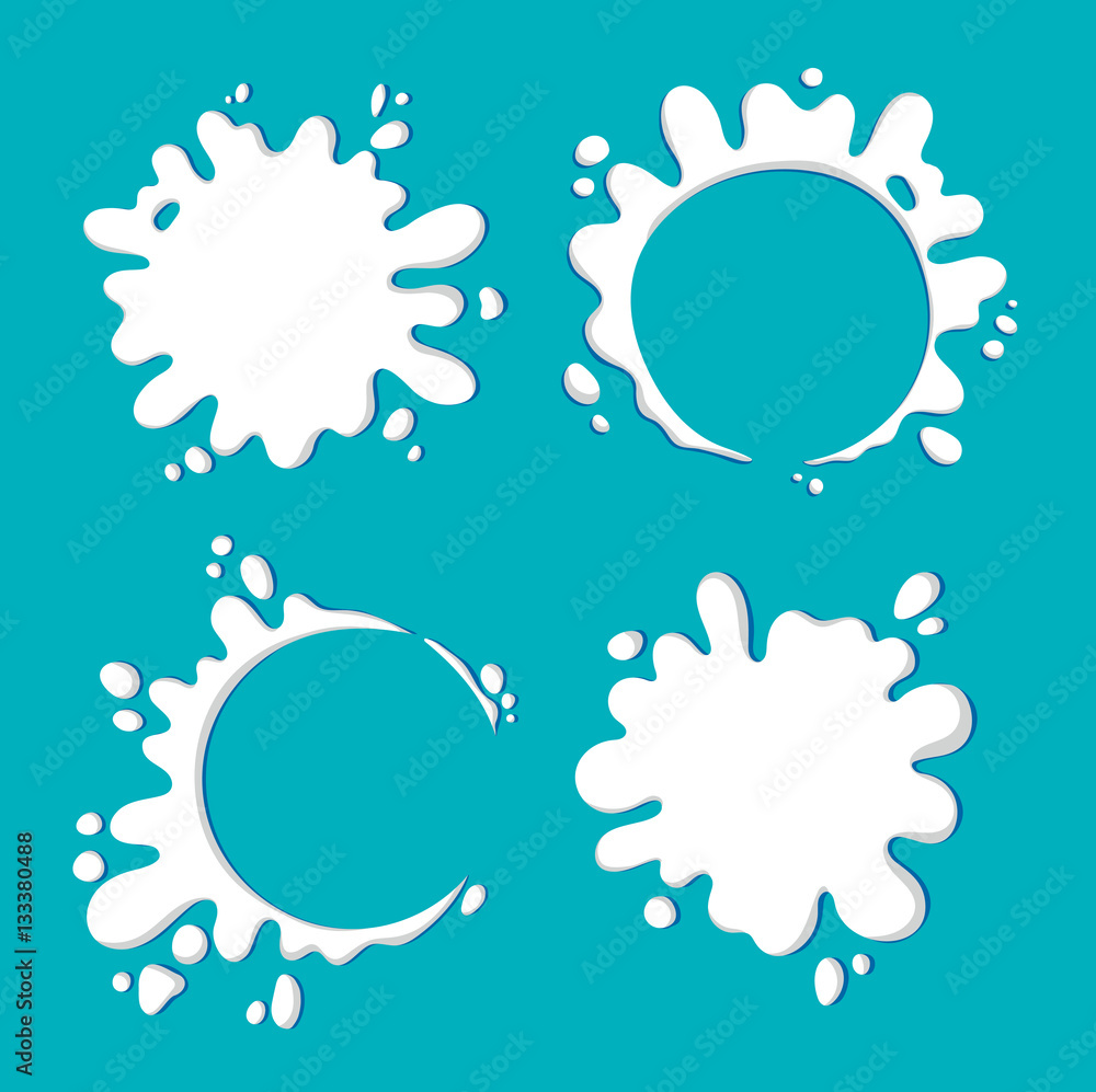 Hand drawn vector illustration - Milk lables for your design. White splashes on blue background. Perfect for packaging, design, logo 