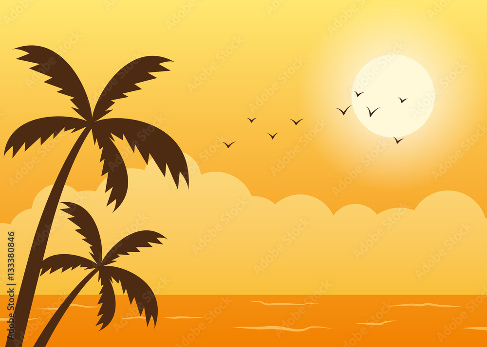 Tropical beach summer sunset scene with palm tress silhouette