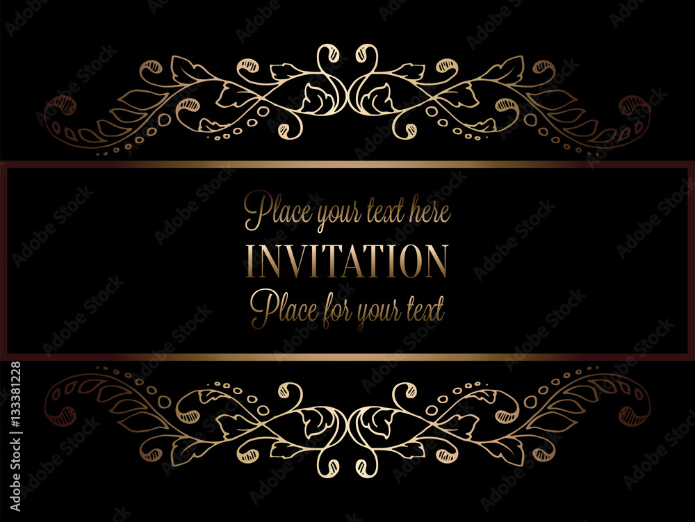 Abstract background with antique, luxury black and gold vintage frame, victorian banner, damask floral wallpaper ornaments, invitation card, baroque style booklet, fashion pattern, template for design Abstract background with antique, luxury black and gold vintage frame, victorian banner, damask floral wallpaper ornaments, invitation card, baroque style booklet, fashion pattern, template for design