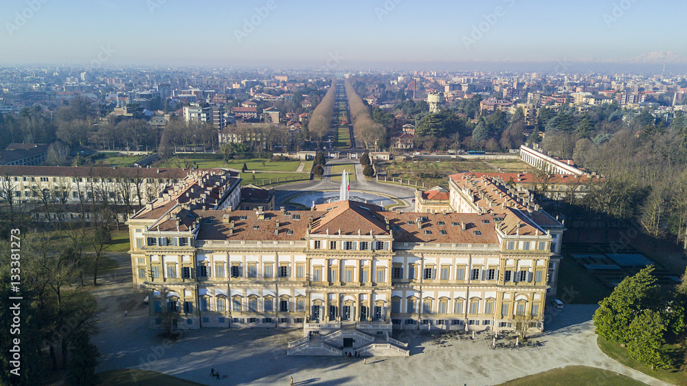 Villa Reale, Monza, Italia. Vista aerea della Villa Reale 15/01/2017. Giardini Reali e parco di Monza. Reggia, palazzo in stile neoclassico