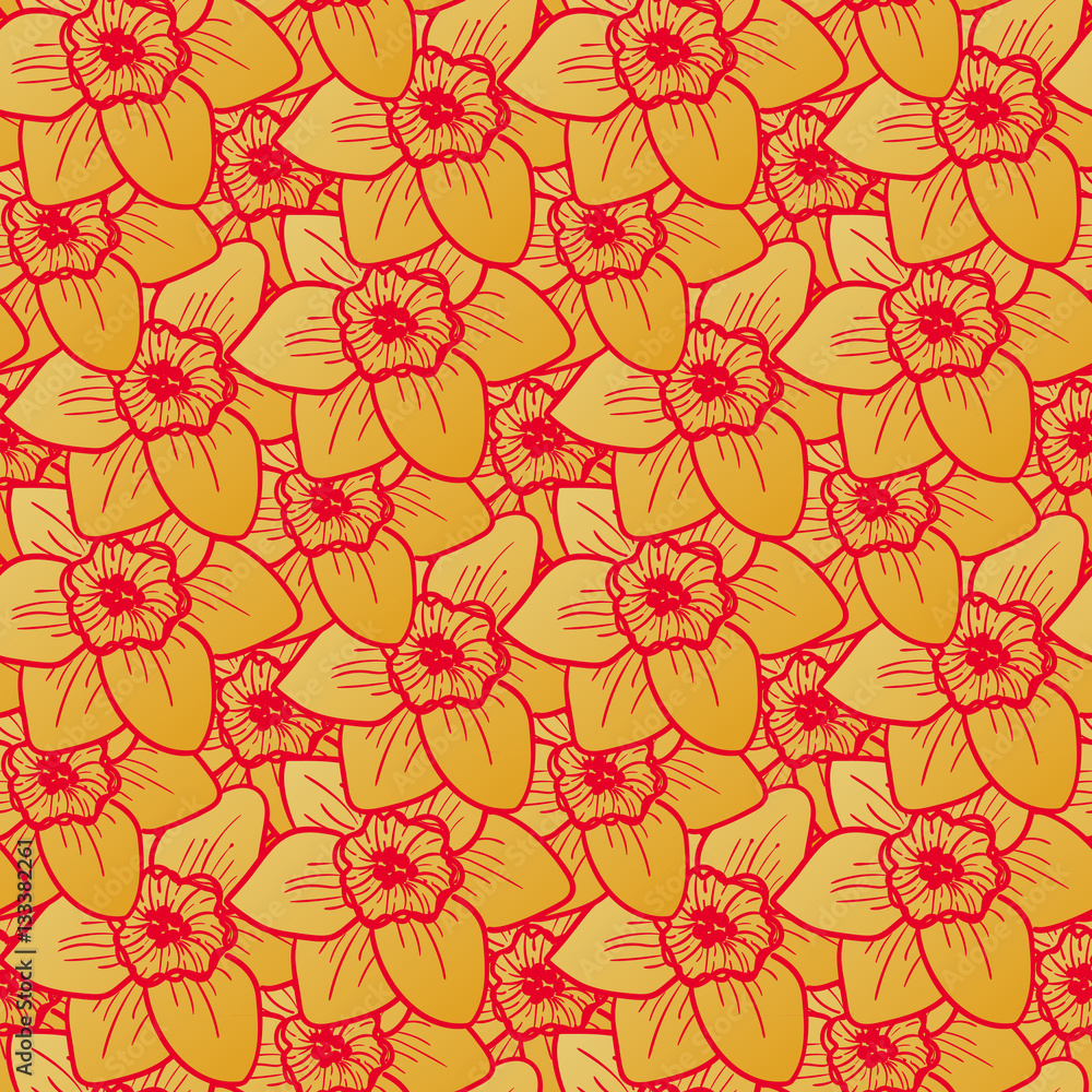 Golden flowers seamless pattern, hand drawn tileable vector background. Narcissus is one of symbols of Spring Festival or Chinese New year in China. Gold and red Golden flowers seamless pattern, hand drawn tileable vector background. Narcissus is one of symbols of Spring Festival or Chinese New year in China. Gold and red