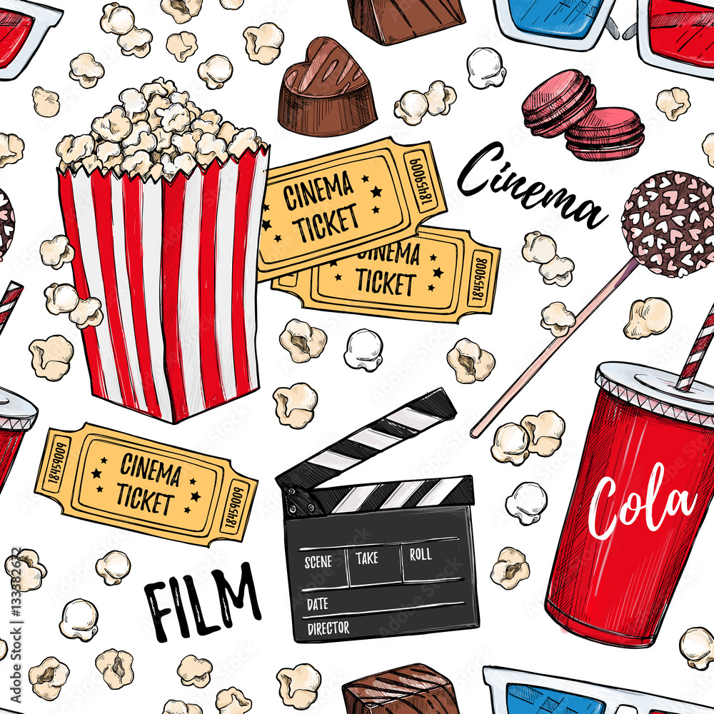 Fototapeta premium Hand drawn colorful vector seamless pattern - Cinema collection. Movie and film elements in sketch style. Perfect for invitations, cards, posters, banners, flyers