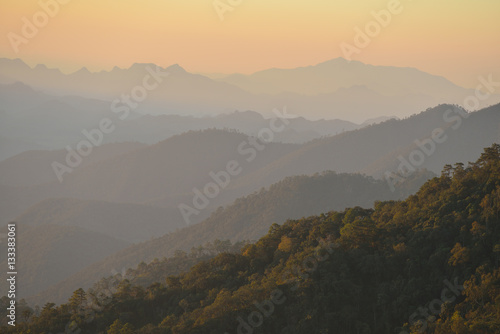 Scene of beautiful mountains on sky background