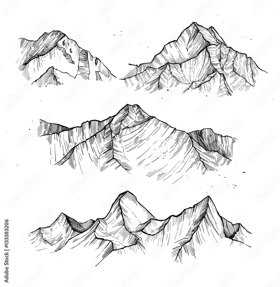 Hand drawn vector illustration - mountain peaks. Outdoor camping background in sketch style. Landscape.