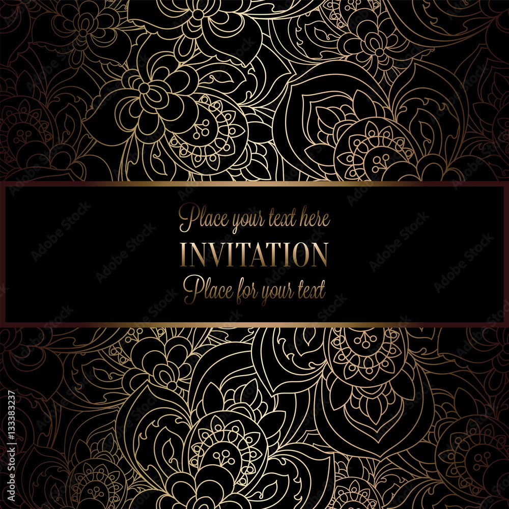 Abstract background with antique, luxury black and gold vintage frame, victorian banner, roses floral wallpaper ornaments, invitation card, baroque style booklet, fashion pattern, template for design