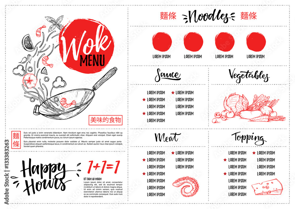 Hand drawn vector illustration - Asian food. Wok menu. Perfect for  restaurant brochure, cafe flyer, delivery menu. Ready-to-use design  template with illustrations in sketch style vector de Stock | Adobe Stock