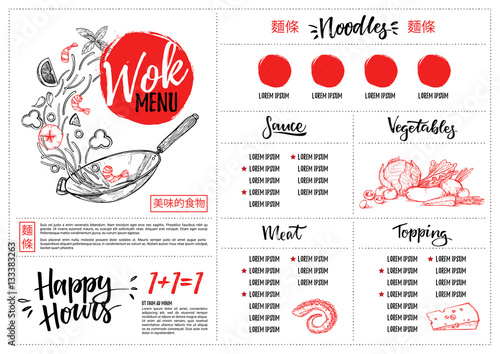 Hand drawn vector illustration - Asian food. Wok menu. Perfect for restaurant brochure, cafe flyer, delivery menu. Ready-to-use design template with illustrations in sketch style