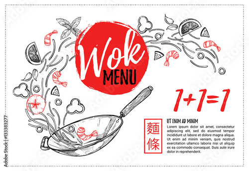 Hand drawn vector illustration - Promotional brochure with Asian food. Wok. Perfect for restaurant brochure, cafe flyer, delivery menu. Ready-to-use design template with illustrations in sketch style.