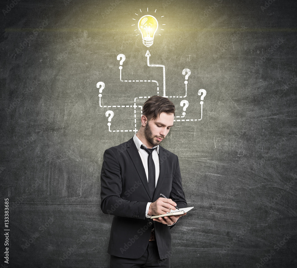 Man in suit writing, light bulb with questions Man in suit writing, light bulb with questions