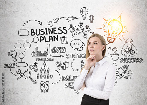 Fotografia Cheerful woman and business plan scheme