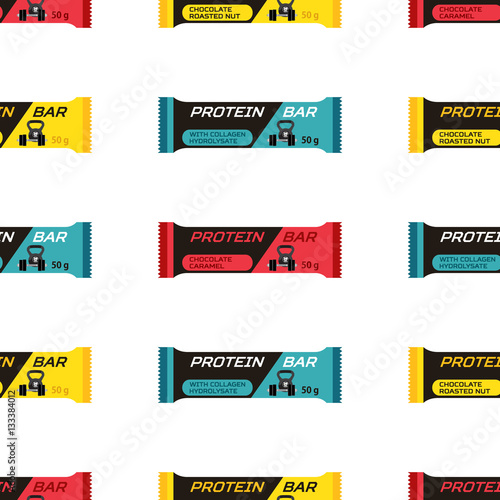 Protein bars pattern, sport collagen supplement in flat style.