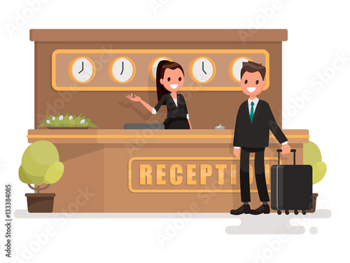 Registration of a hotel room. Businessman with a suitcase about