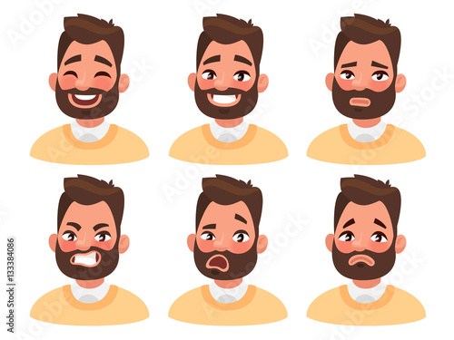 Set of male facial emotions. Bearded man emoji character with di
