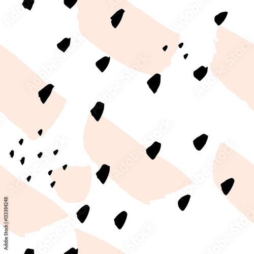 Abstract hand drawn seamless background. Brush painted stripes and spots. Black and white with the pink colors. Great for posters and textile.