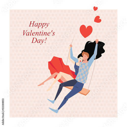 Greeting card for Valentine's Day in a cartoon style, lovers on a swing