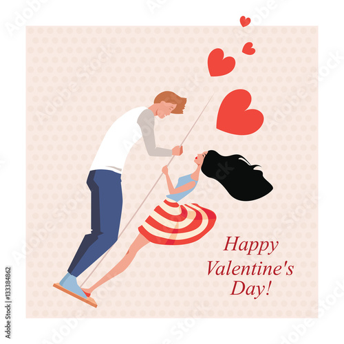 Lovers on a swing,  card for Valentine's Day in a cartoon style
