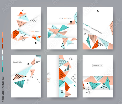 Set of artistic universal cards. Flat creative minimalist design. Geometric background. Template for posters, brochures, flyers, placards, book covers, presentations. Isolated. А4 size. Vector EPS10