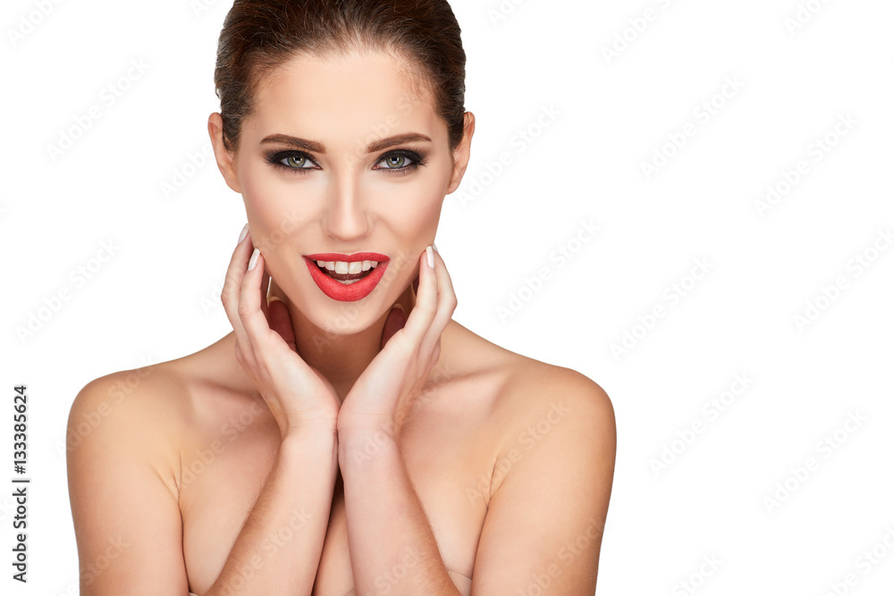 Beautiful woman face studio on white with sexy lips close-up Beautiful woman face studio on white with sexy lips close-up