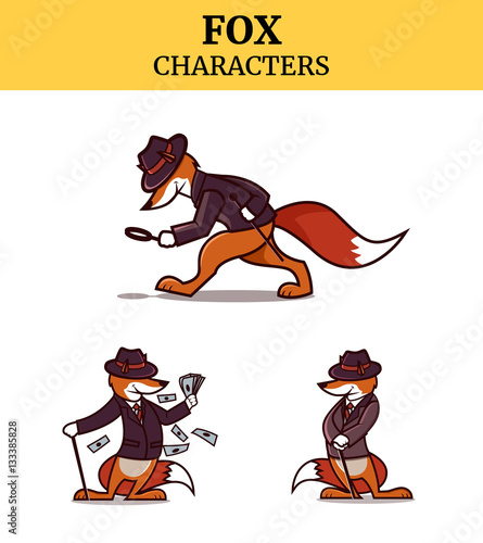 Set of fox animal character. Detective, rich and mystery fox. Ve
