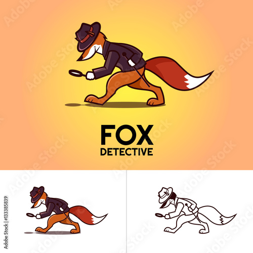 Cartoon detective fox character with magnifying glass. Vector lo